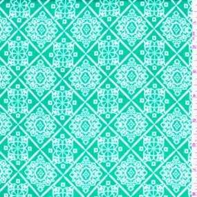 Aquamarine/White Medallion Diamond Rayon Crepe Fabric