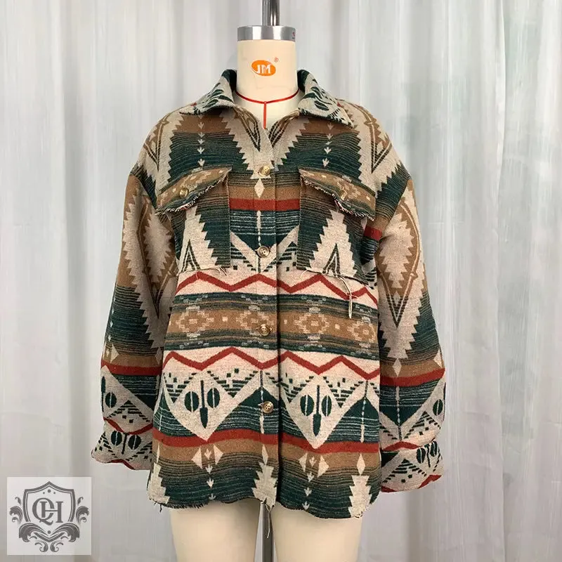 Autumn Winter Aztec Jacket Thick Retro Aztec Printed Woolen Coat