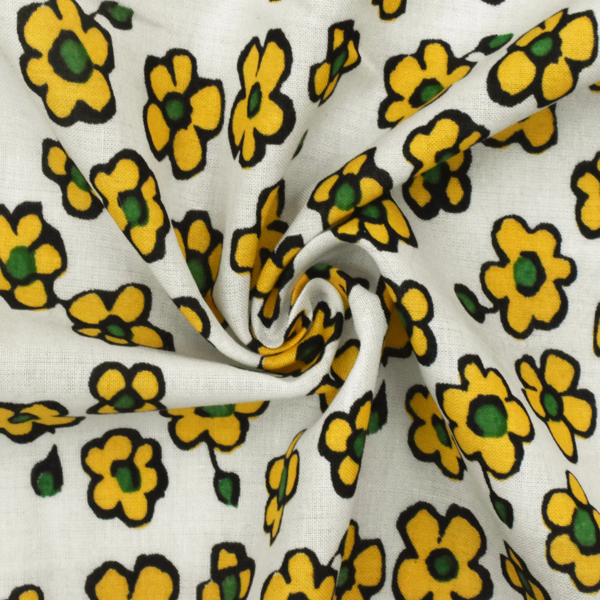 Basic White-Yellow-Green Floral Printed Stretch Batiste Woven Fabric