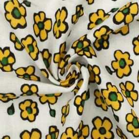 Basic White-Yellow-Green Floral Printed Stretch Batiste Woven Fabric
