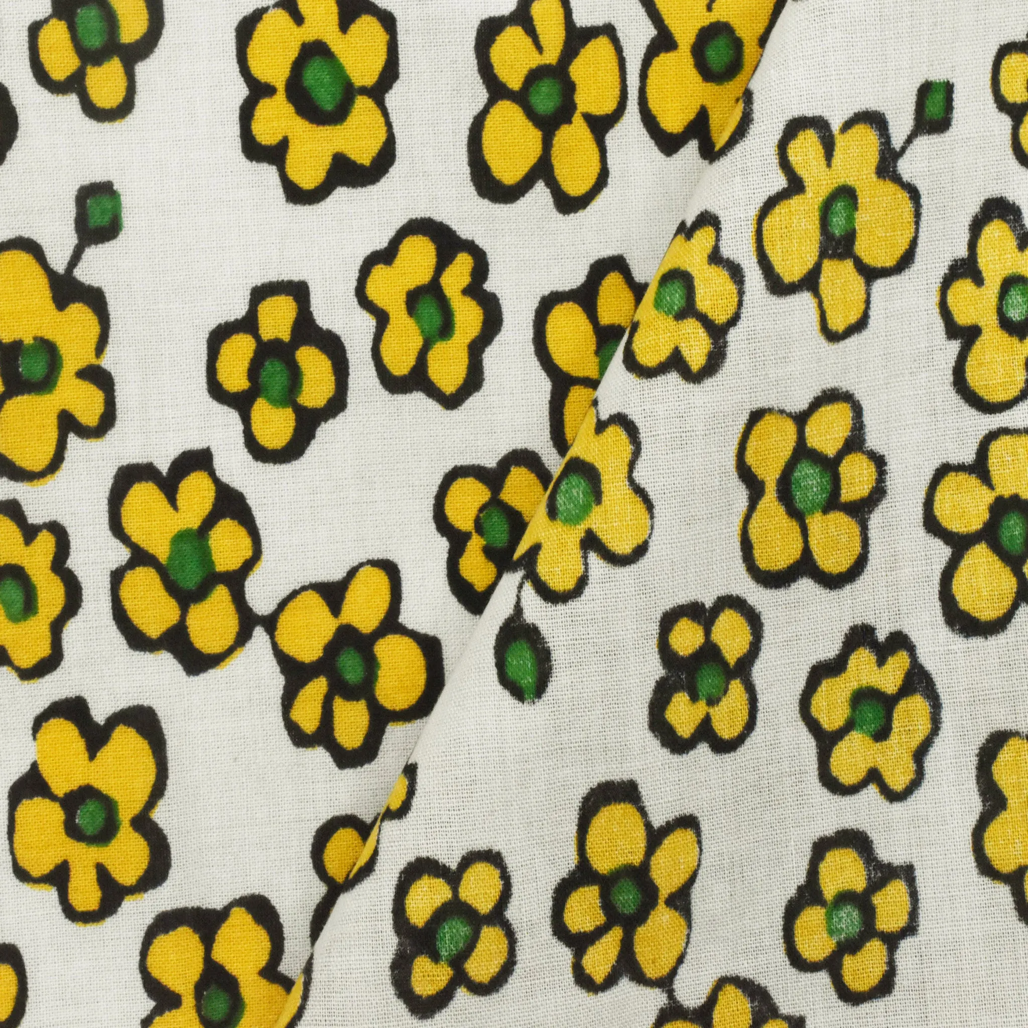 Basic White-Yellow-Green Floral Printed Stretch Batiste Woven Fabric