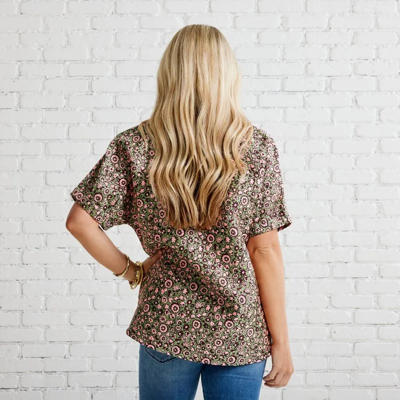 Betsy Jacquard Floral Top- Pink/Green
