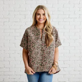 Betsy Jacquard Floral Top- Pink/Green