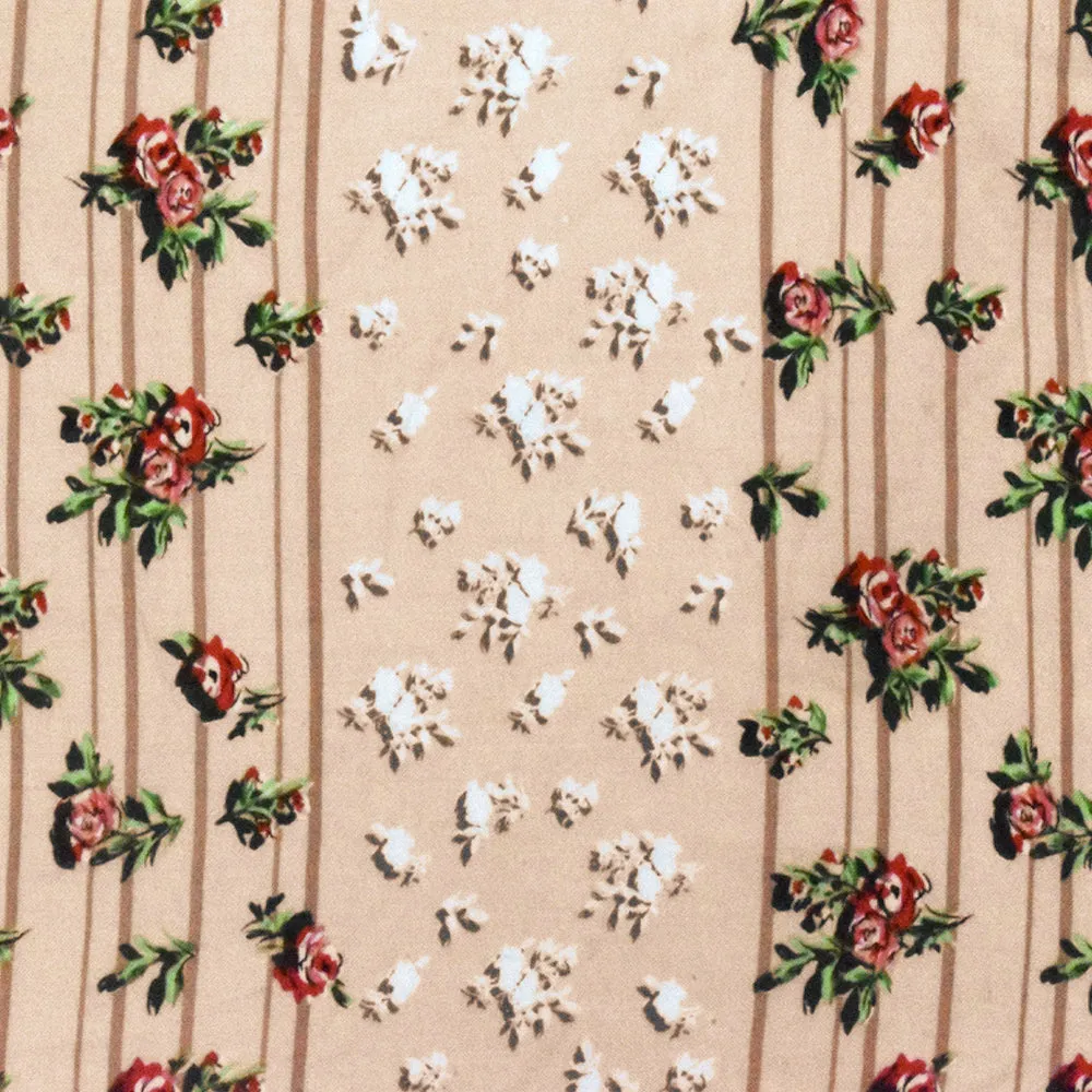 Biscuit Beige-Red-Multi Floral Stripe Printed Challis Woven Fabric