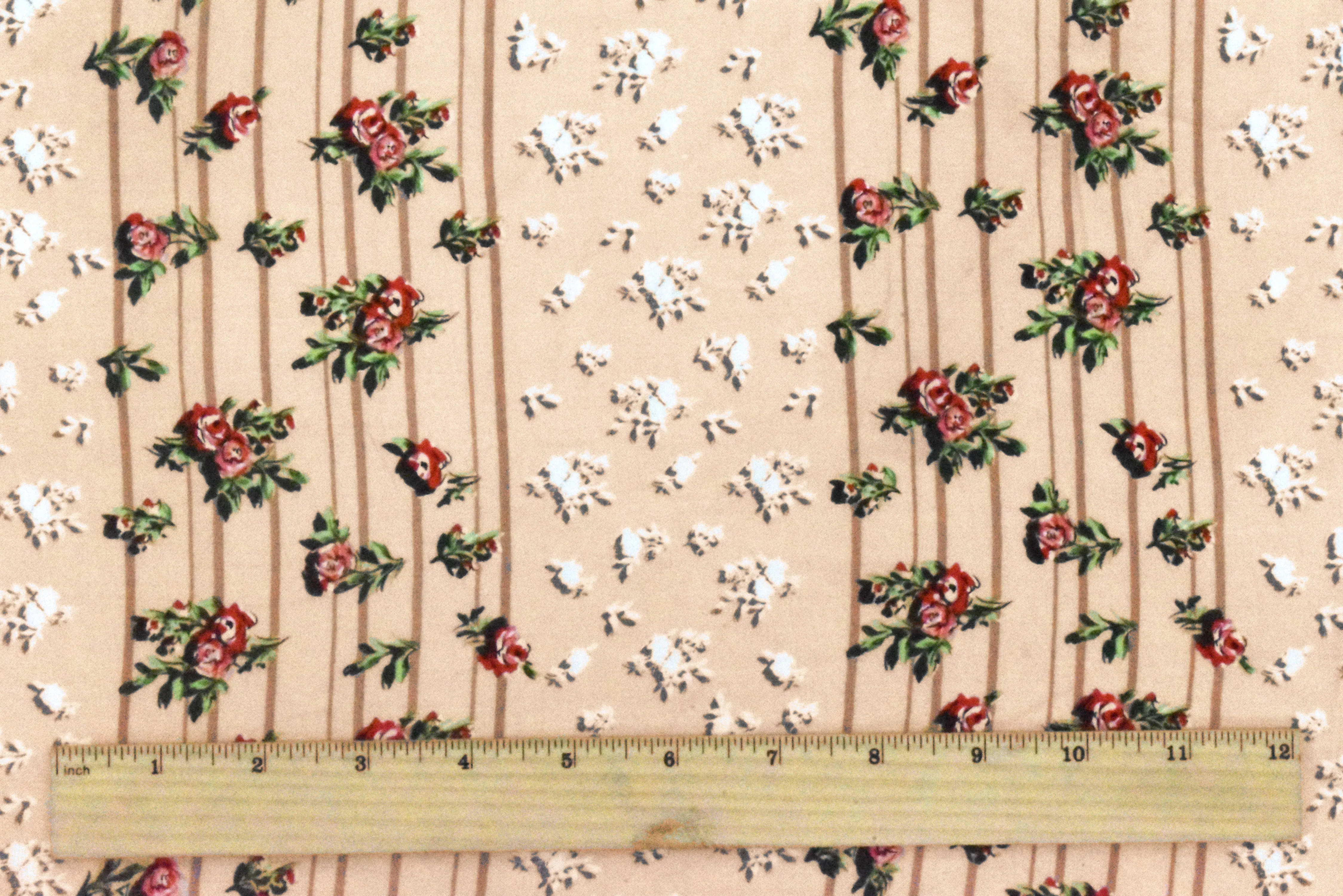 Biscuit Beige-Red-Multi Floral Stripe Printed Challis Woven Fabric