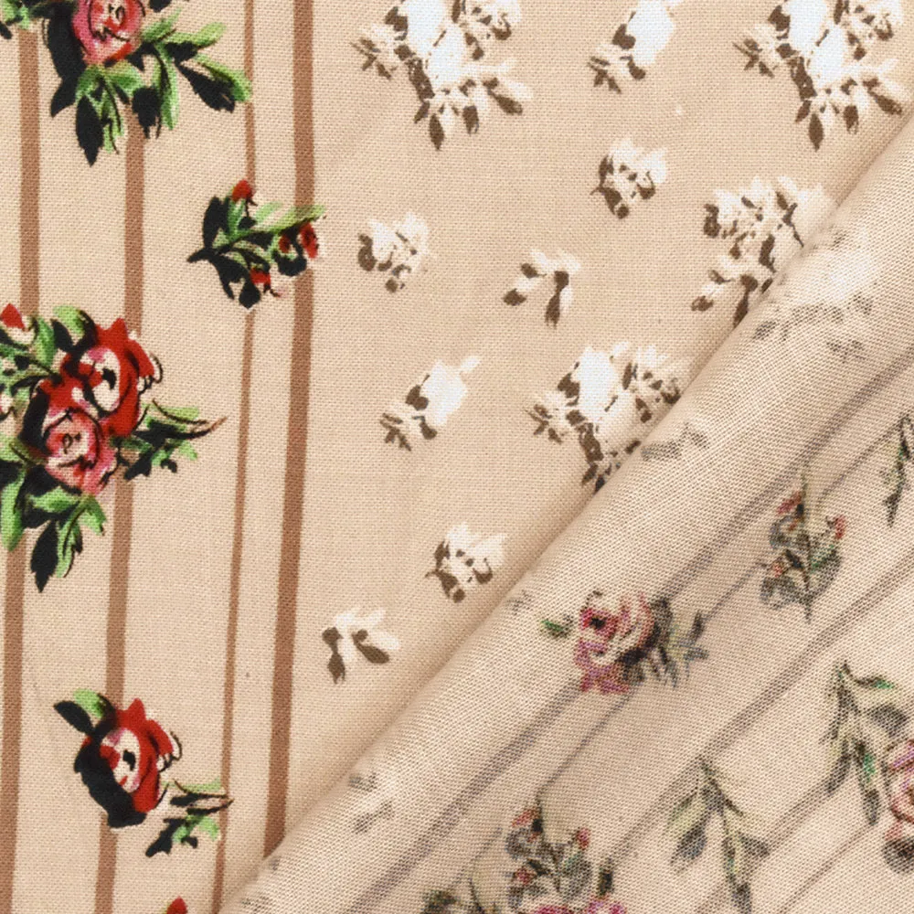 Biscuit Beige-Red-Multi Floral Stripe Printed Challis Woven Fabric