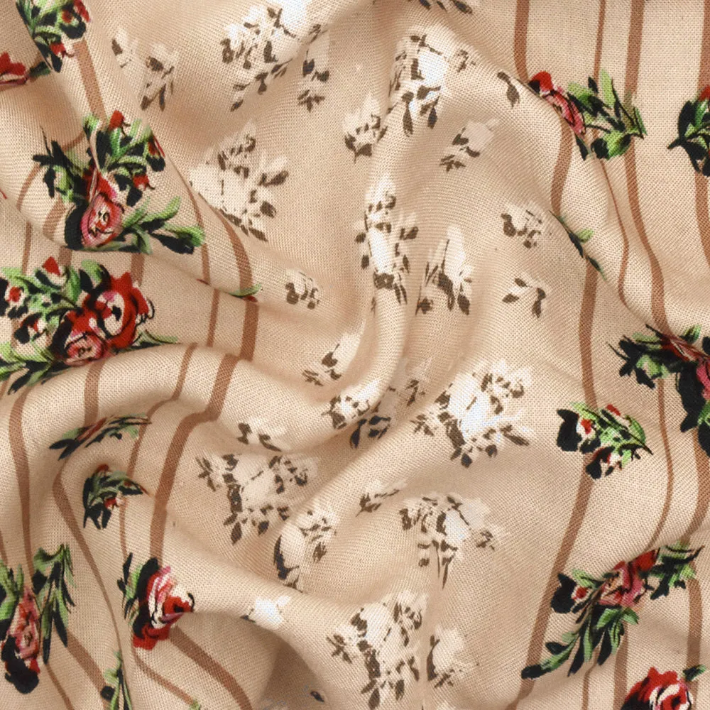Biscuit Beige-Red-Multi Floral Stripe Printed Challis Woven Fabric