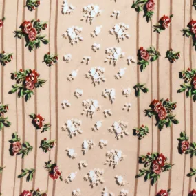 Biscuit Beige-Red-Multi Floral Stripe Printed Challis Woven Fabric