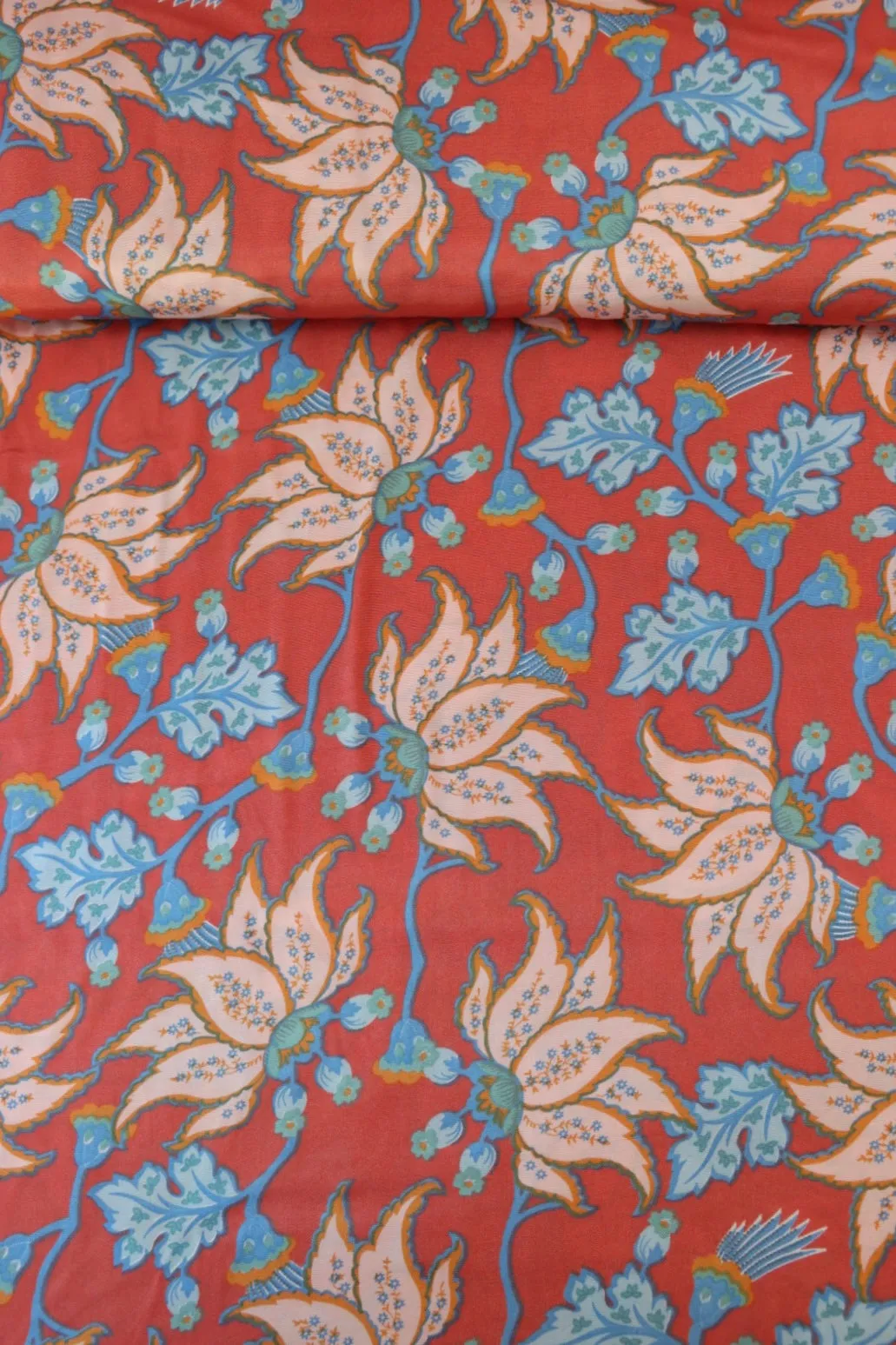 Clara Floral on Coral Viscose Satin