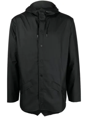drawstring-hooded buttoned rain jacket