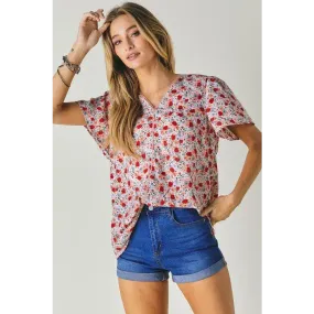 FLORAL PRINTED V NECK SHORT SLEEVE TOP