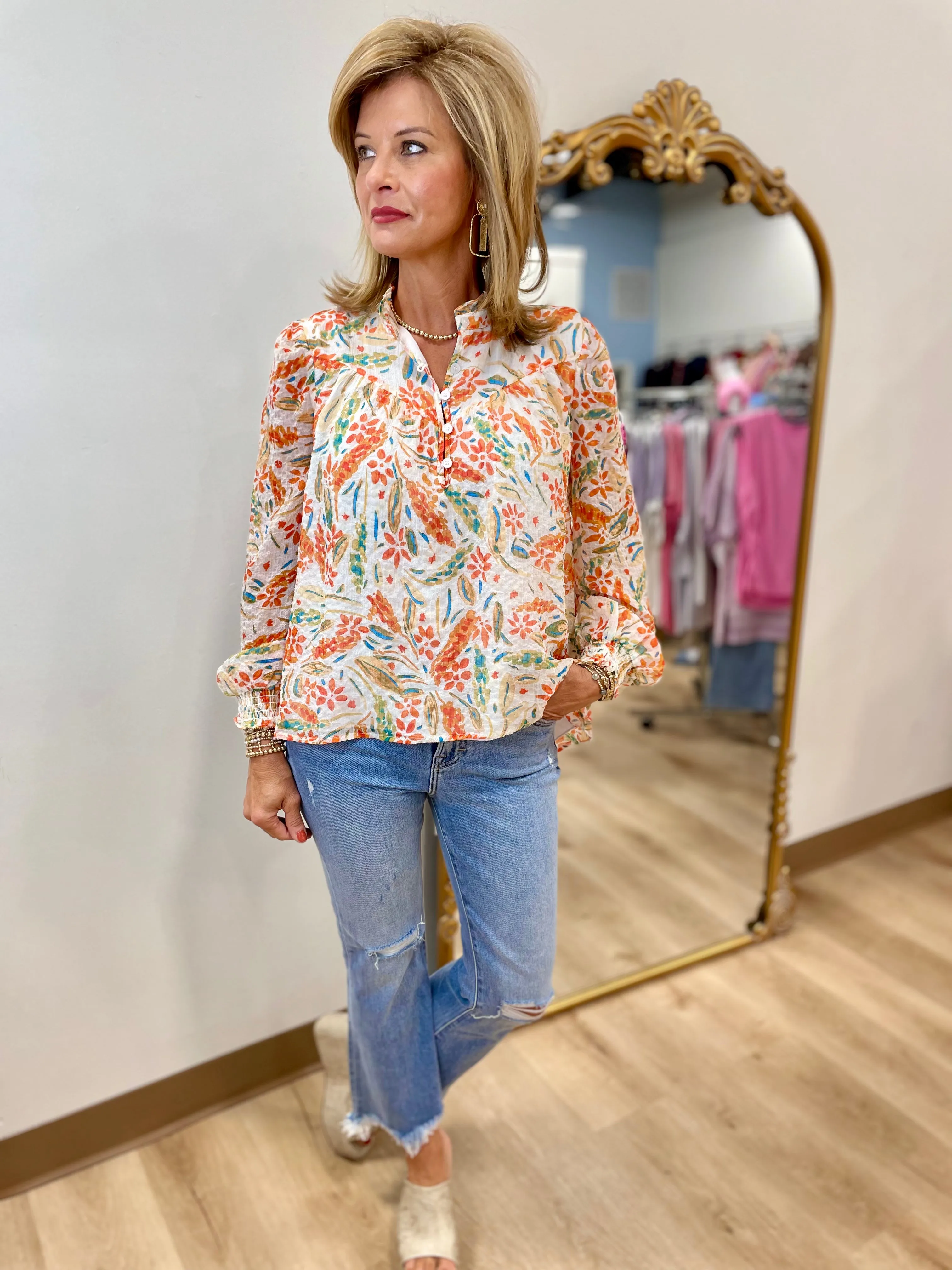 Frannie Frill Neck Floral Blouse Orange Cream