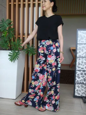 High-Waisted Palazzo Pants - Women’s Loose Elastic Wide Leg Pants w/ Colorful Japanese Kimono Silk Flare | Fashionable Cozy Trousers for Her