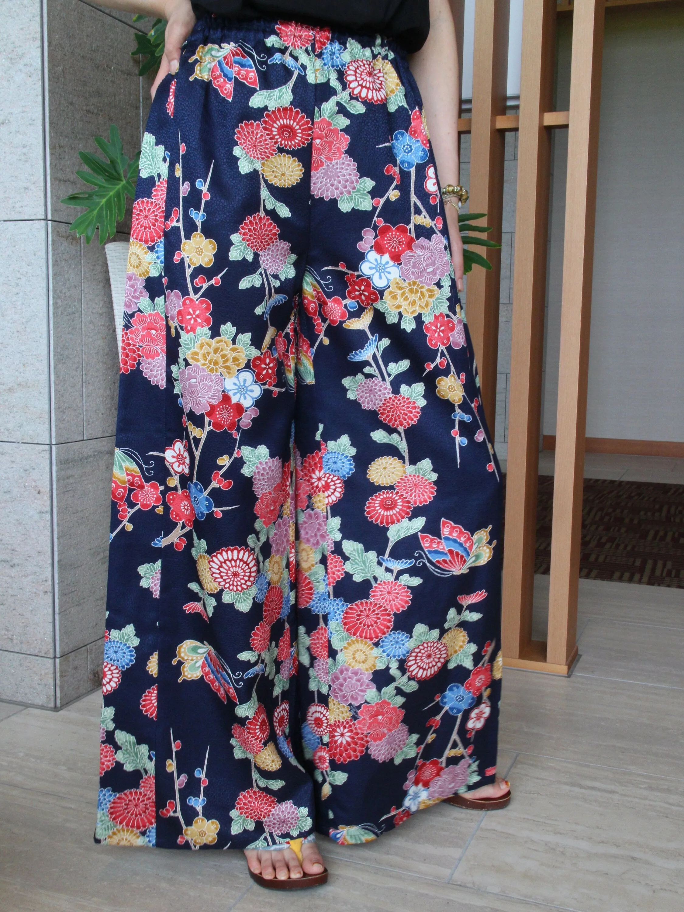 High-Waisted Palazzo Pants - Women’s Loose Elastic Wide Leg Pants w/ Colorful Japanese Kimono Silk Flare | Fashionable Cozy Trousers for Her