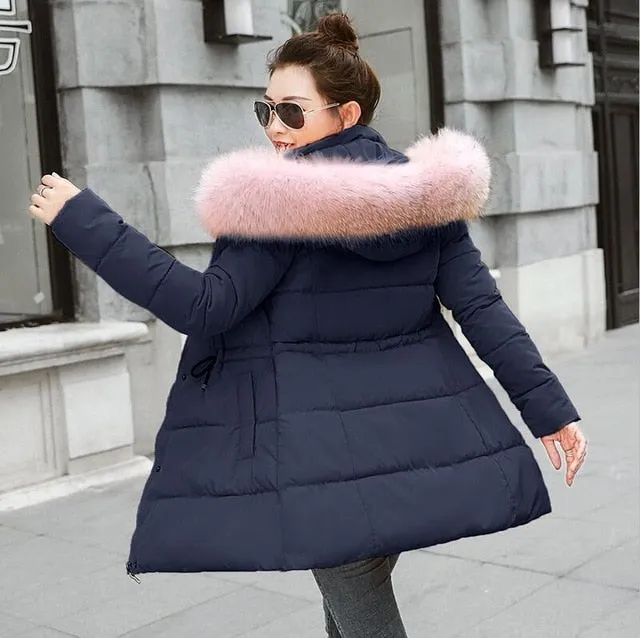 Ladies Winter Coat Artificial raccoon collar Thick Cotton Padded Lining