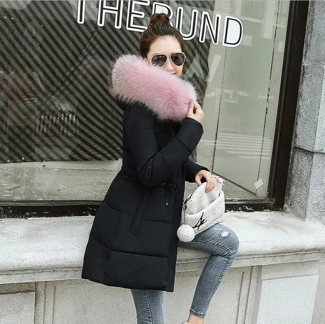 Ladies Winter Coat Artificial raccoon collar Thick Cotton Padded Lining