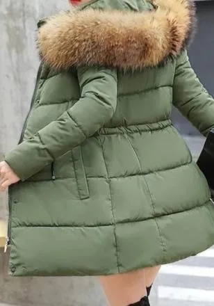 Ladies Winter Coat Artificial raccoon collar Thick Cotton Padded Lining