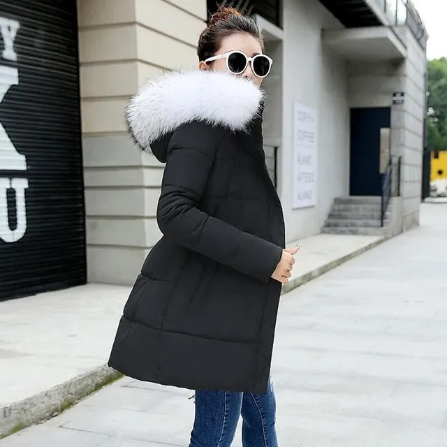 Ladies Winter Coat Artificial raccoon collar Thick Cotton Padded Lining