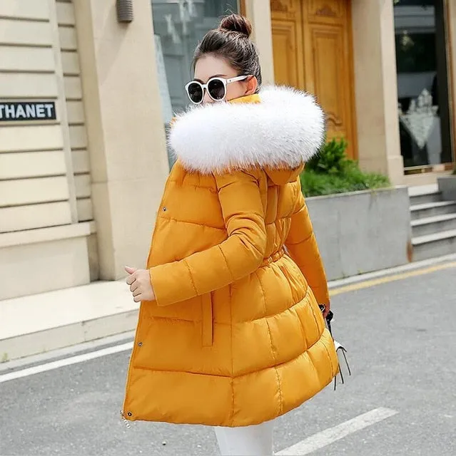 Ladies Winter Coat Artificial raccoon collar Thick Cotton Padded Lining