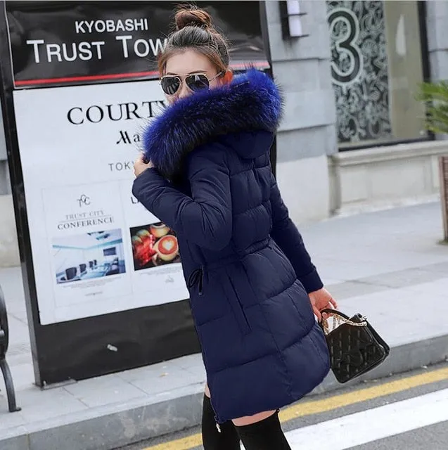Ladies Winter Coat Artificial raccoon collar Thick Cotton Padded Lining