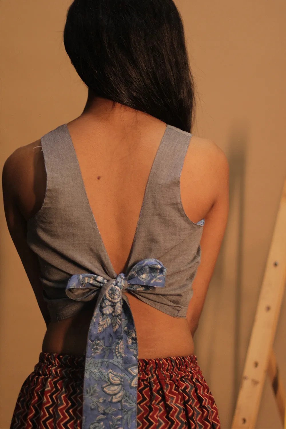Mastaani | Reversible Blouse | Slate Grey & Blue Floral Sanganeri