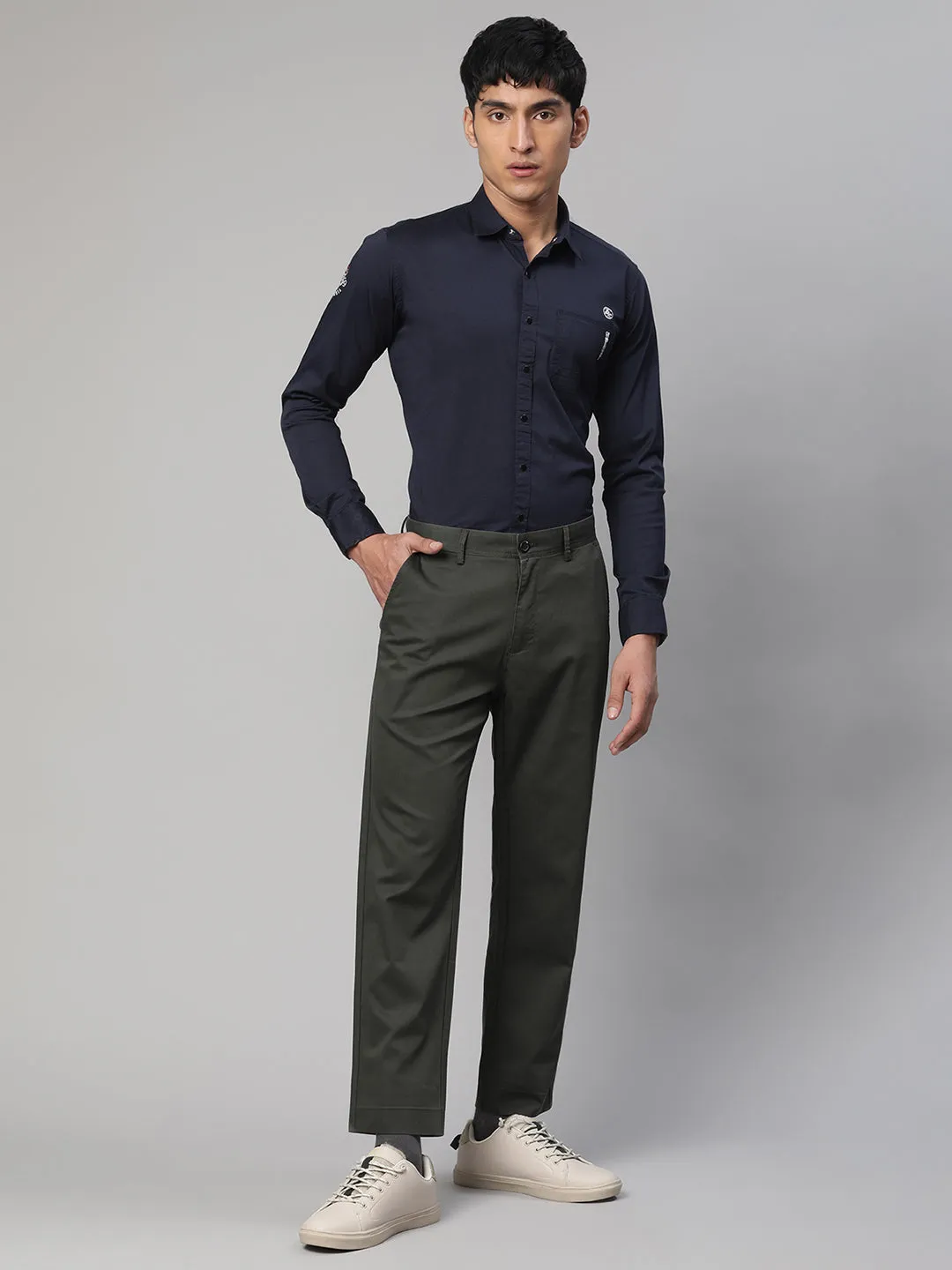 Men Olive Green Semi Formal Trouser