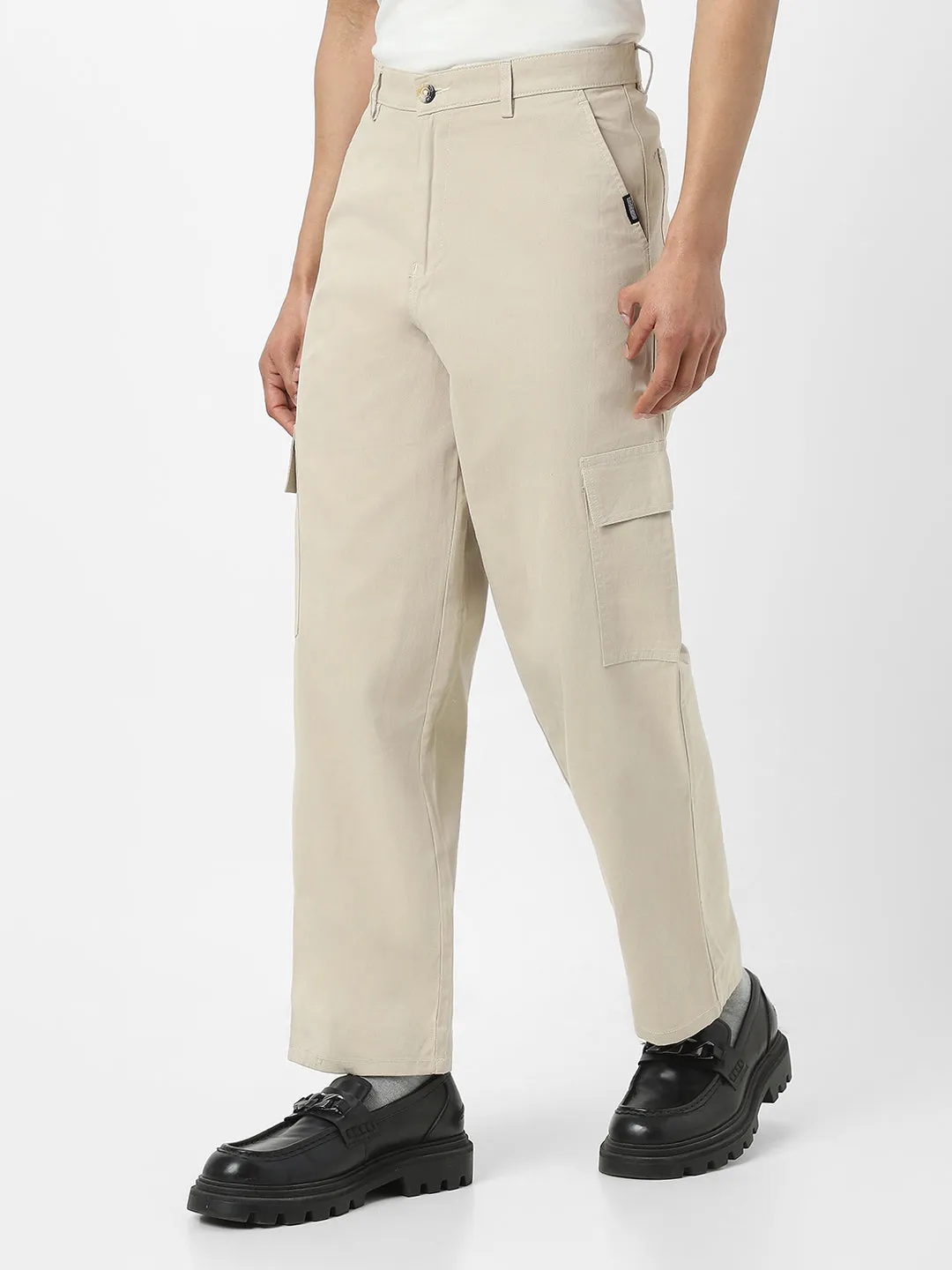 Men's Cream Loose Baggy Fit Solid Cargo Chino Pant with 6 Pockets Non-Stretchable