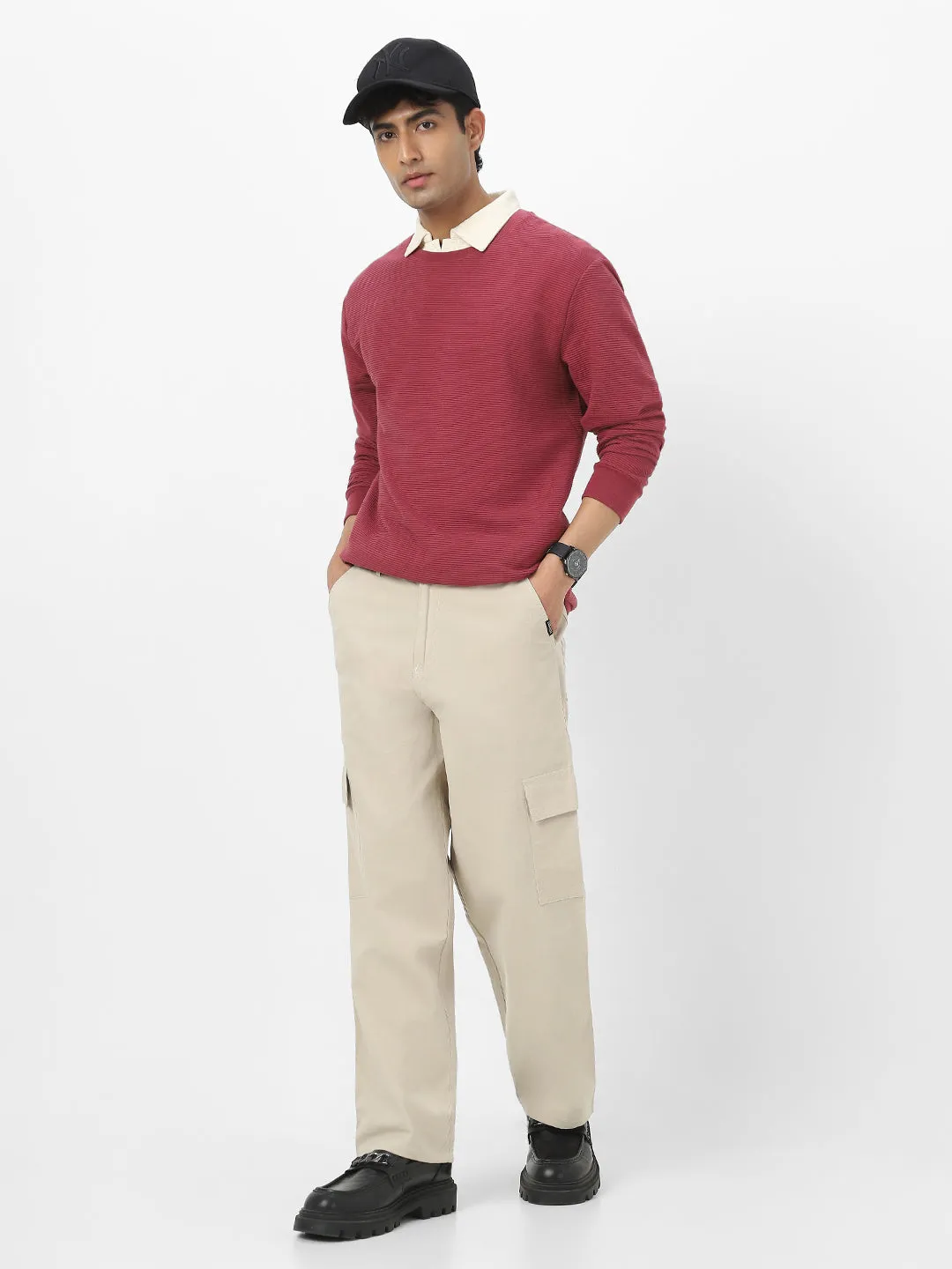 Men's Cream Loose Baggy Fit Solid Cargo Chino Pant with 6 Pockets Non-Stretchable