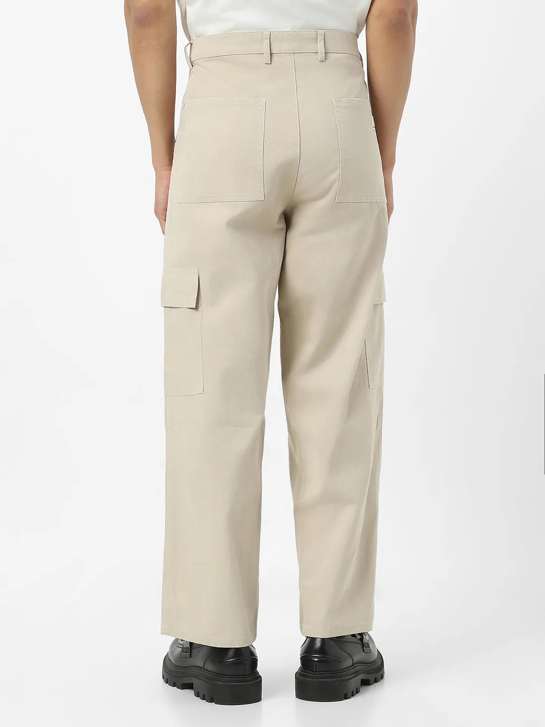 Men's Cream Loose Baggy Fit Solid Cargo Chino Pant with 6 Pockets Non-Stretchable