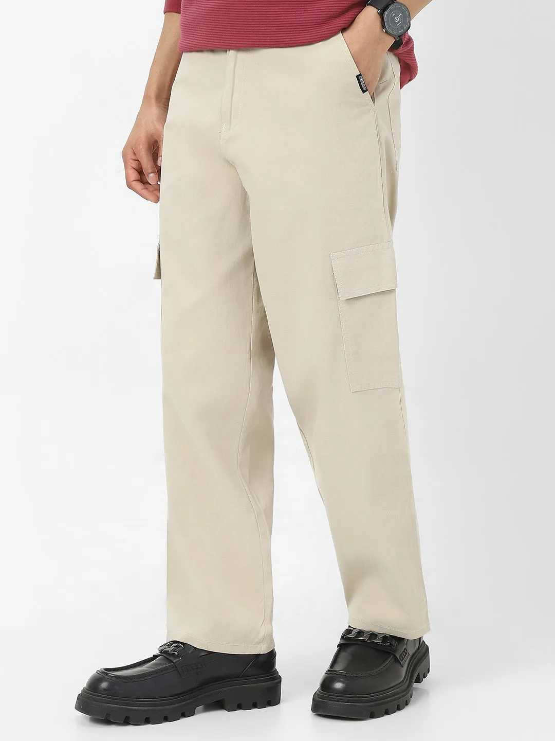 Men's Cream Loose Baggy Fit Solid Cargo Chino Pant with 6 Pockets Non-Stretchable