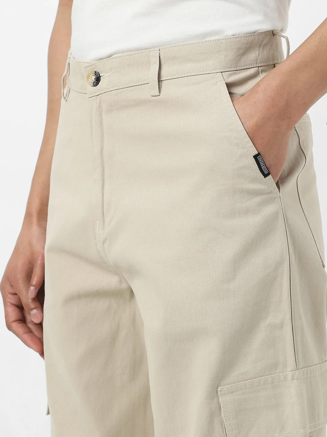 Men's Cream Loose Baggy Fit Solid Cargo Chino Pant with 6 Pockets Non-Stretchable