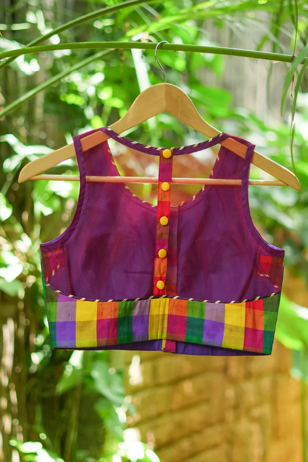 Multicolour checked pure rawsilk sheer back sleeveless blouse