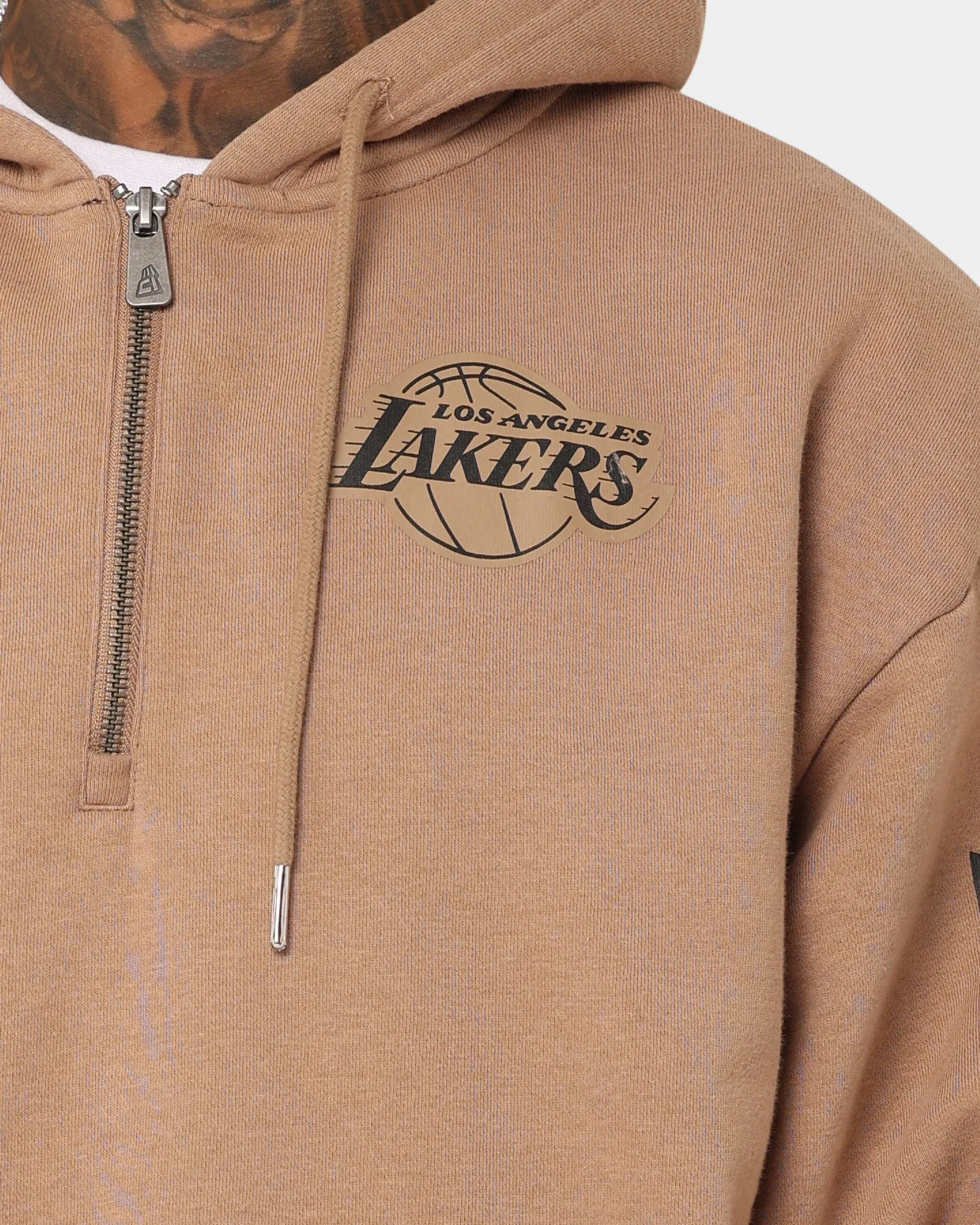 New Era Los Angeles Lakers Quarter Zip Sleeve Script Hoodie Khaki/Black