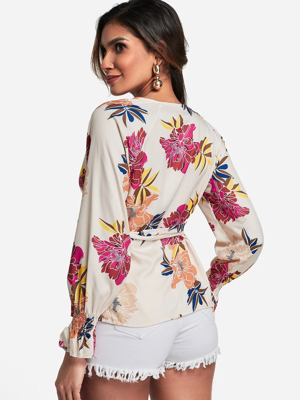 OEM ODM V-Neck Floral Print Crossed Front Self-Tie Long Sleeve Blouses