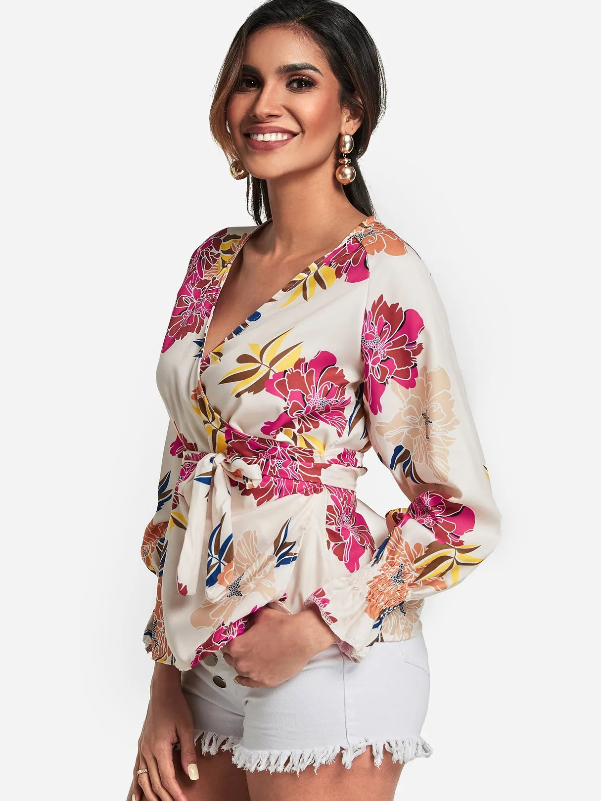 OEM ODM V-Neck Floral Print Crossed Front Self-Tie Long Sleeve Blouses