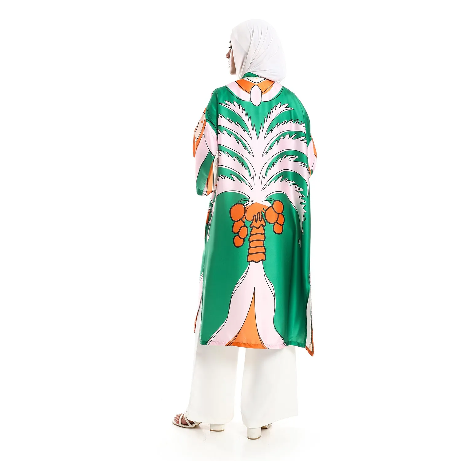 Palm Self Pattern 3/4 Sleeves Slip On Kimono - Emerald Green, Tiger Orange & Rose