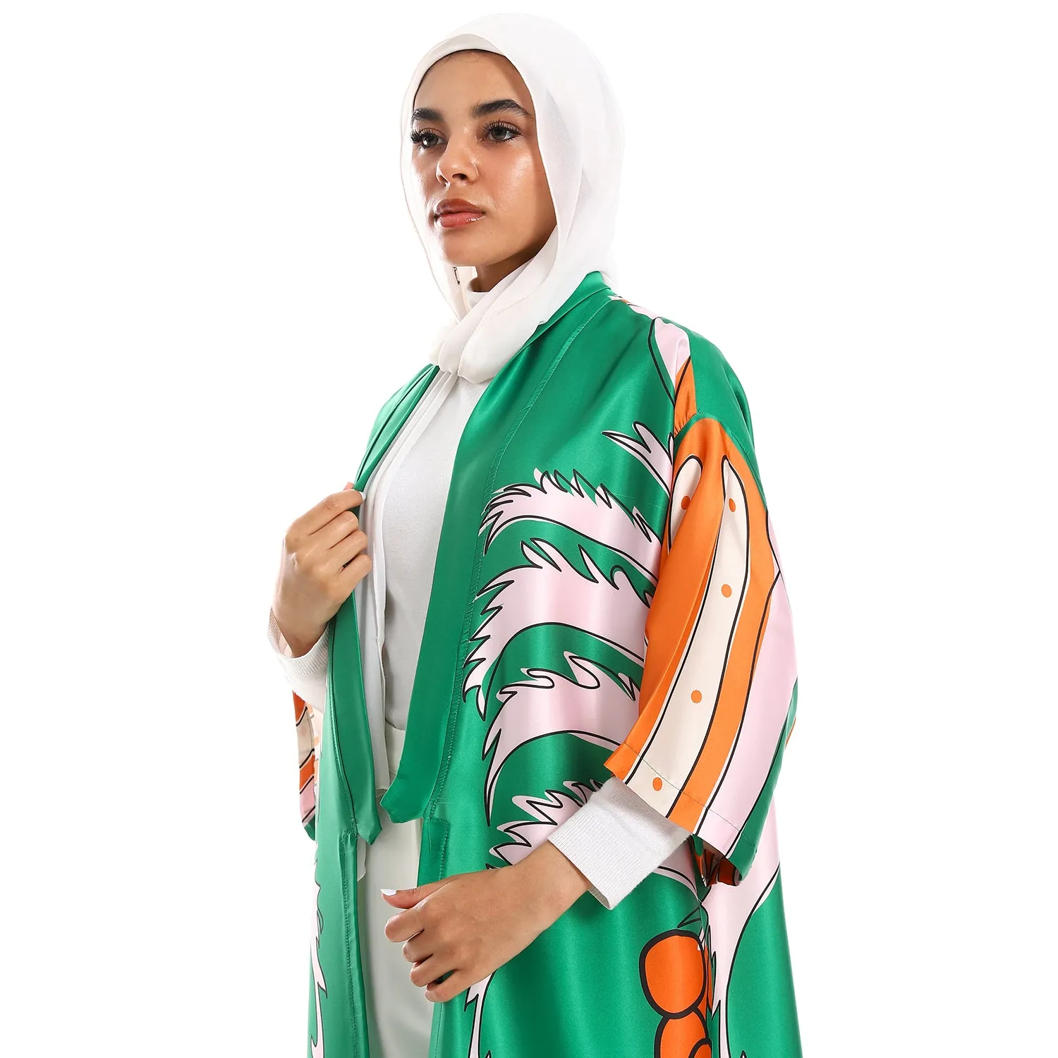 Palm Self Pattern 3/4 Sleeves Slip On Kimono - Emerald Green, Tiger Orange & Rose
