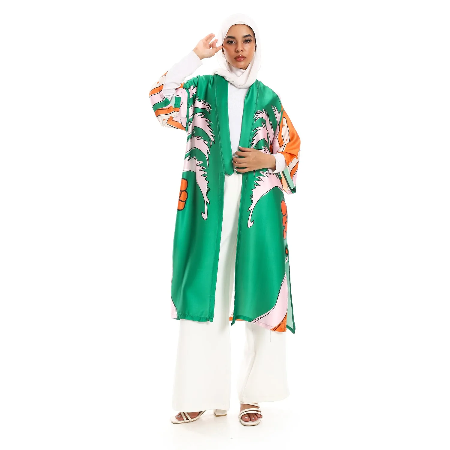 Palm Self Pattern 3/4 Sleeves Slip On Kimono - Emerald Green, Tiger Orange & Rose