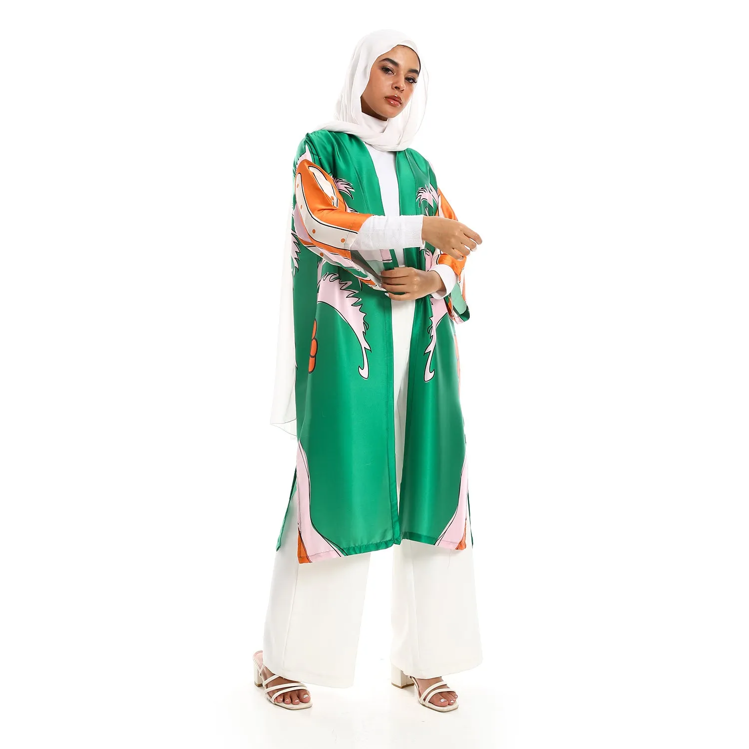 Palm Self Pattern 3/4 Sleeves Slip On Kimono - Emerald Green, Tiger Orange & Rose