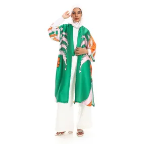 Palm Self Pattern 3/4 Sleeves Slip On Kimono - Emerald Green, Tiger Orange & Rose