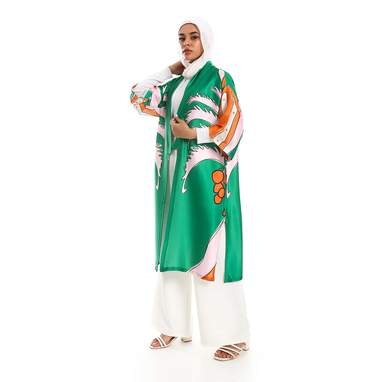 Palm Self Pattern 3/4 Sleeves Slip On Kimono - Emerald Green, Tiger Orange & Rose