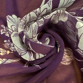 Purple and White Floral Print Poly Chiffon Fabric