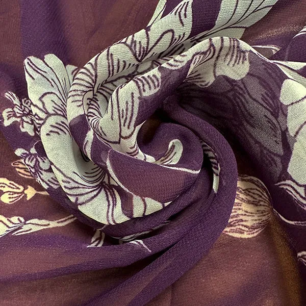 Purple and White Floral Print Poly Chiffon Fabric