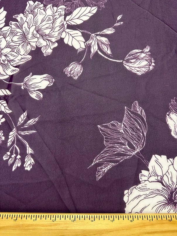 Purple and White Floral Print Poly Chiffon Fabric