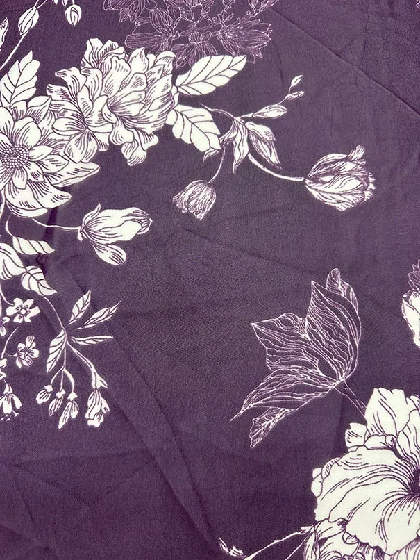 Purple and White Floral Print Poly Chiffon Fabric