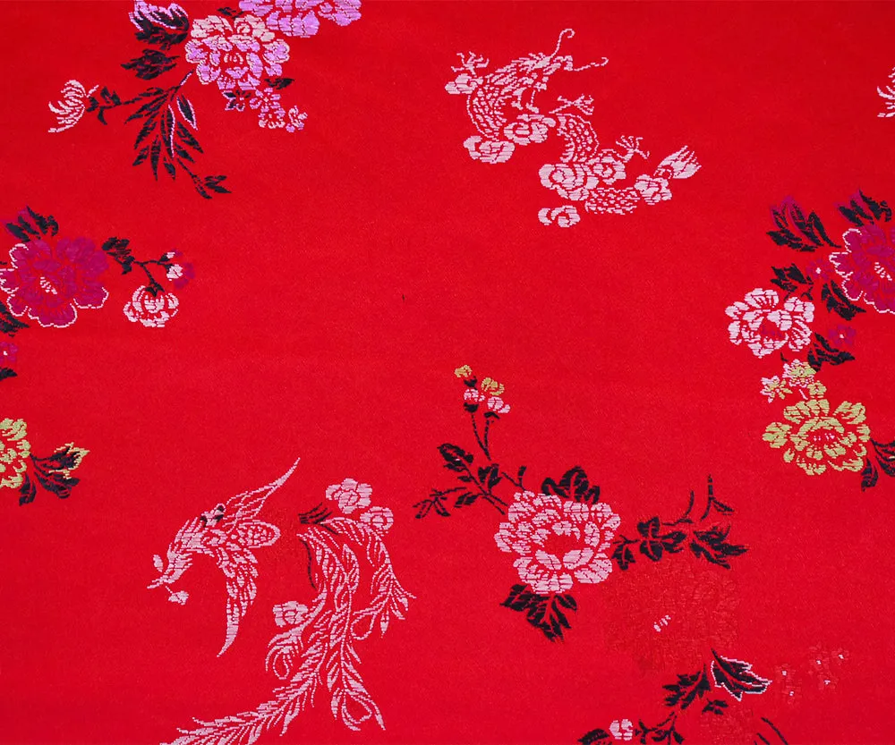 Red-White-Multi Polyester Floral Dragon Chinese Brocade Woven Fabrics