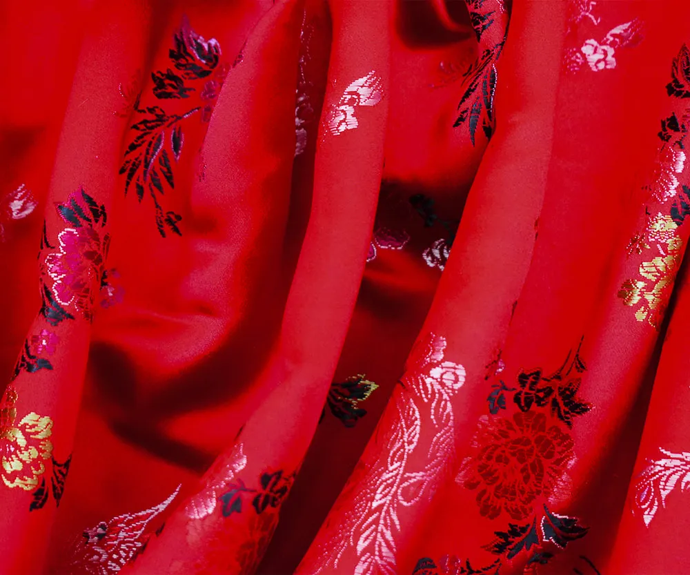 Red-White-Multi Polyester Floral Dragon Chinese Brocade Woven Fabrics