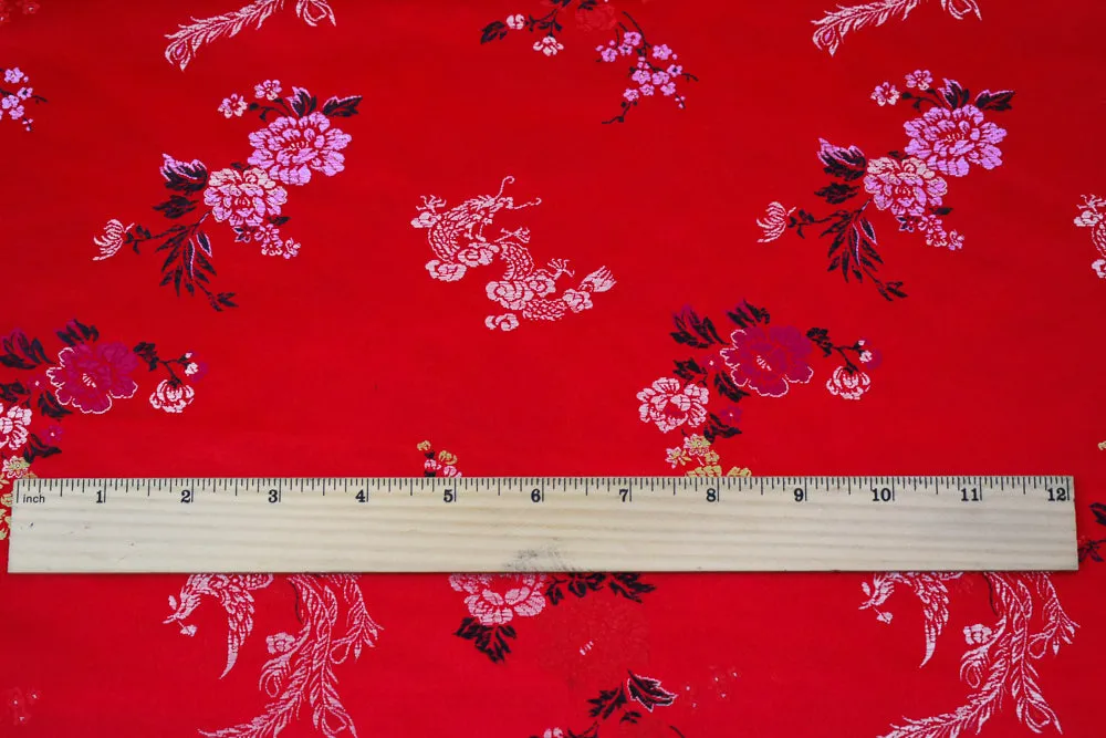 Red-White-Multi Polyester Floral Dragon Chinese Brocade Woven Fabrics