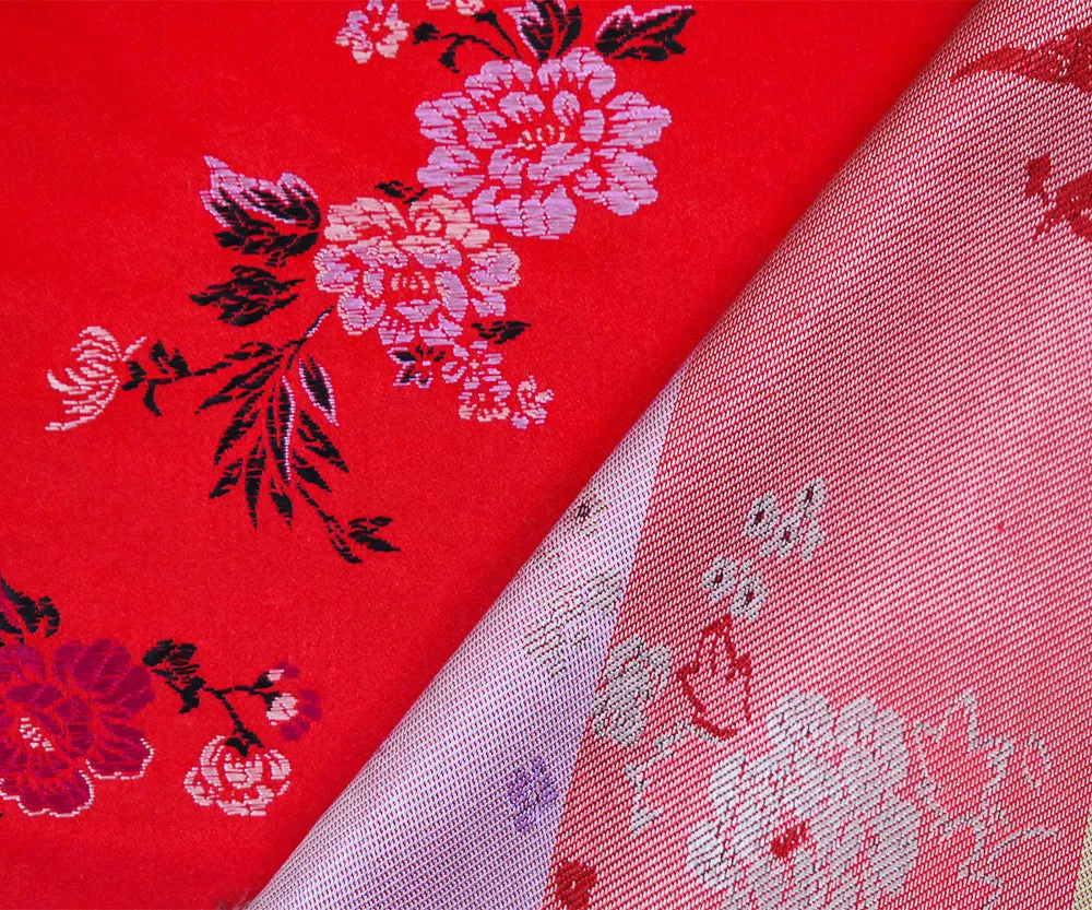 Red-White-Multi Polyester Floral Dragon Chinese Brocade Woven Fabrics