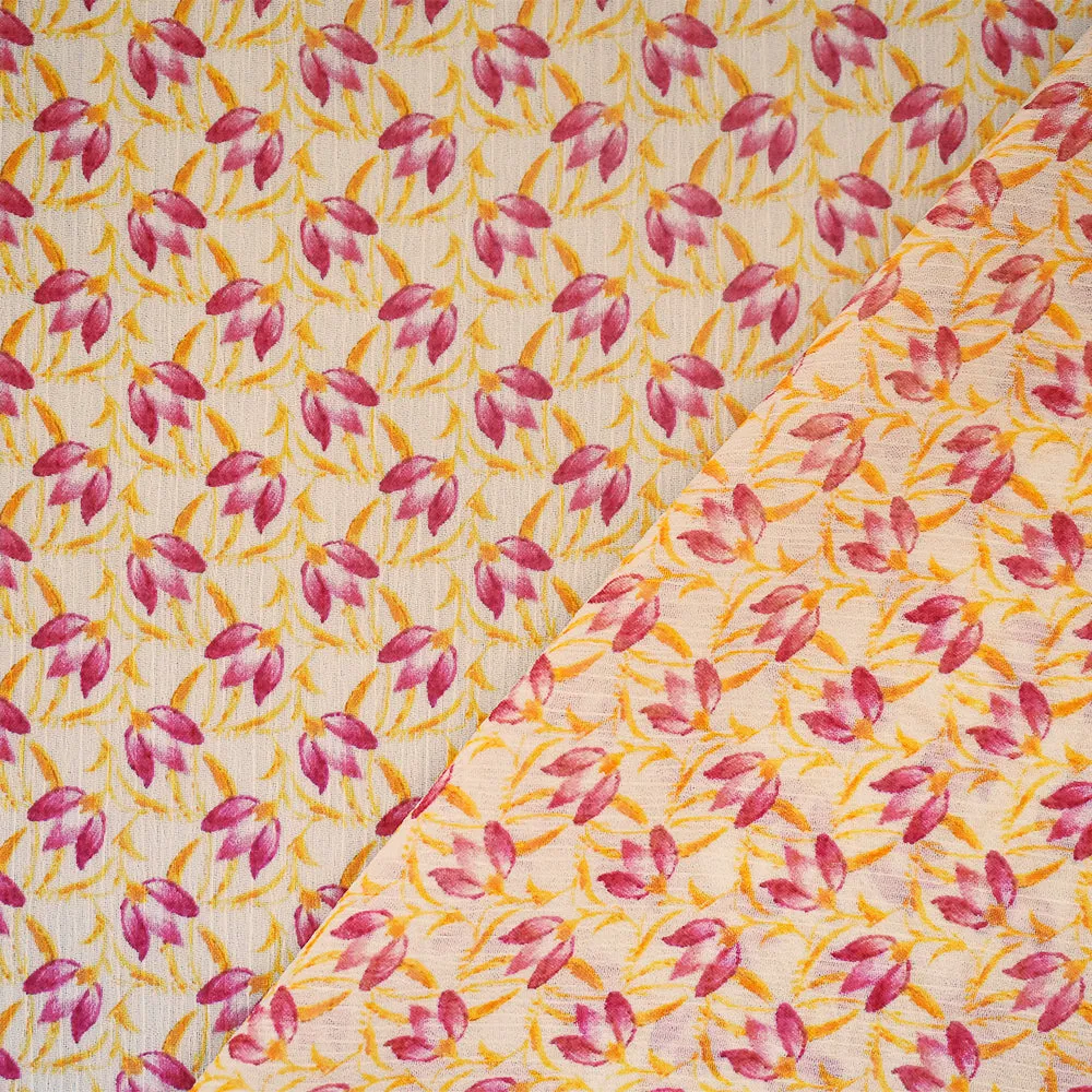 Yellow-Pink-Ivory Floral Printed Poly Yoryu Chiffon Woven Fabric